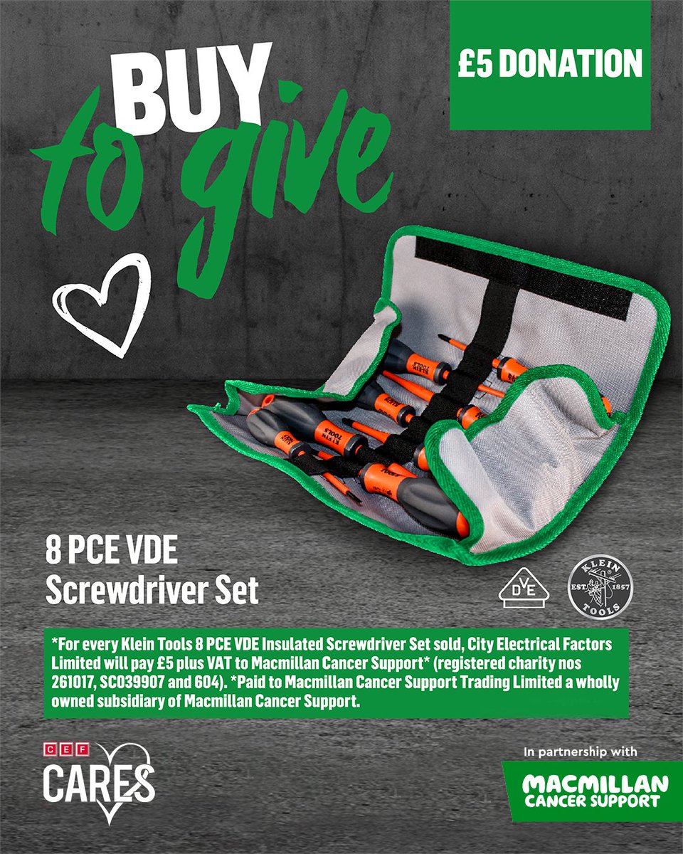 💚We'll donate £5 to Macmillan Cancer Support for every Klein Tools 8 PCE VDE Screwdriver Set sold. To purchase your set, head to this link or visit your local branch.➡️ brnw.ch/21wDf6m Full T&amp;Cs ➡️ brnw.ch/21wDf6n <a href="/macmillancancer/">Macmillan Cancer Support</a> <a href="/Klein1857/">Klein Tools UK</a> #CEFCares #BuyToGive