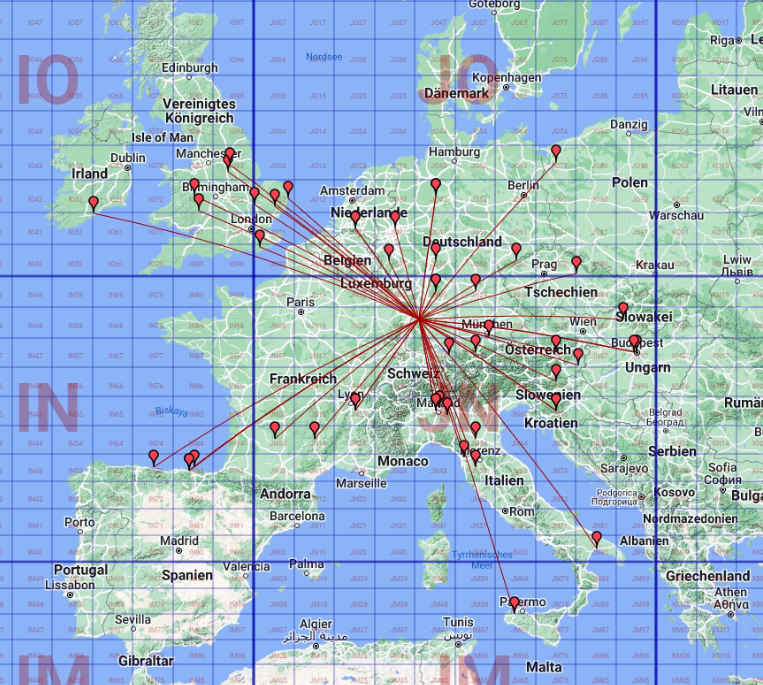 Nice #vhfdx conditions on #144MHz yesterday evening during the #VHF-UHF #FT8 Activity Round 10. We got 6 QSOs with a distance of over 1000km in the log. EA2XR IN83 1050km - EA1HRR IN83 1053km - @IK7UXW JN80 1171km - EI2FG IO61 1204km - EB1LA IN73 1231km - IT9QPF JM67 1241km