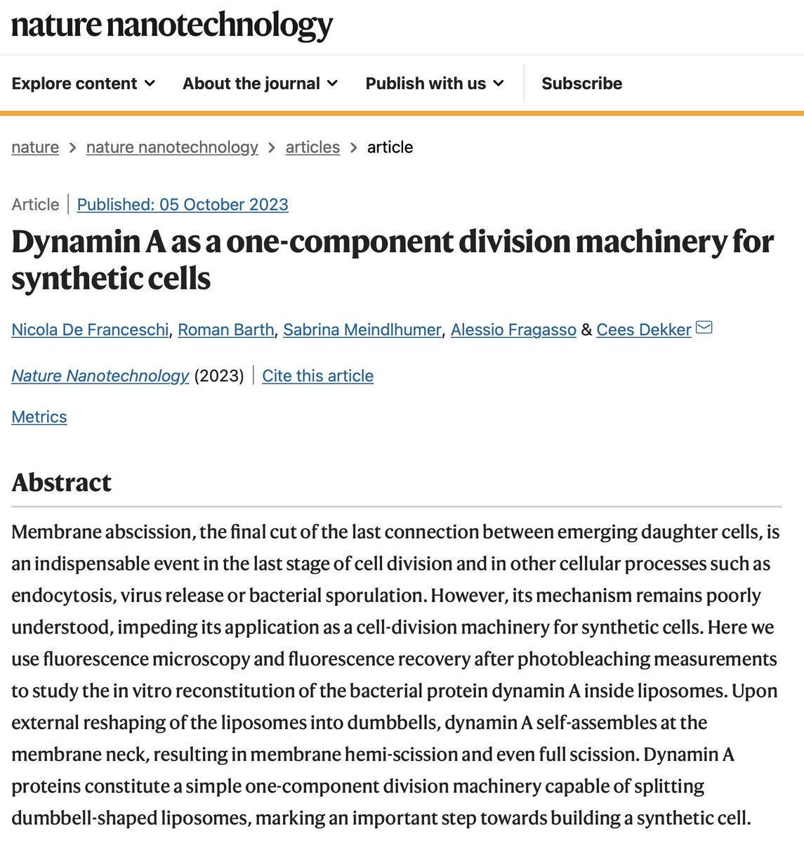 Latest #CDlab paper now in @NatureNano: nature.com/articles/s4156… Here 1st author @MembraneMachine showed that the protein Dynamin A can act as (single-component!) division machine to split a dumbbell-shaped liposome into two daughter vesicles!