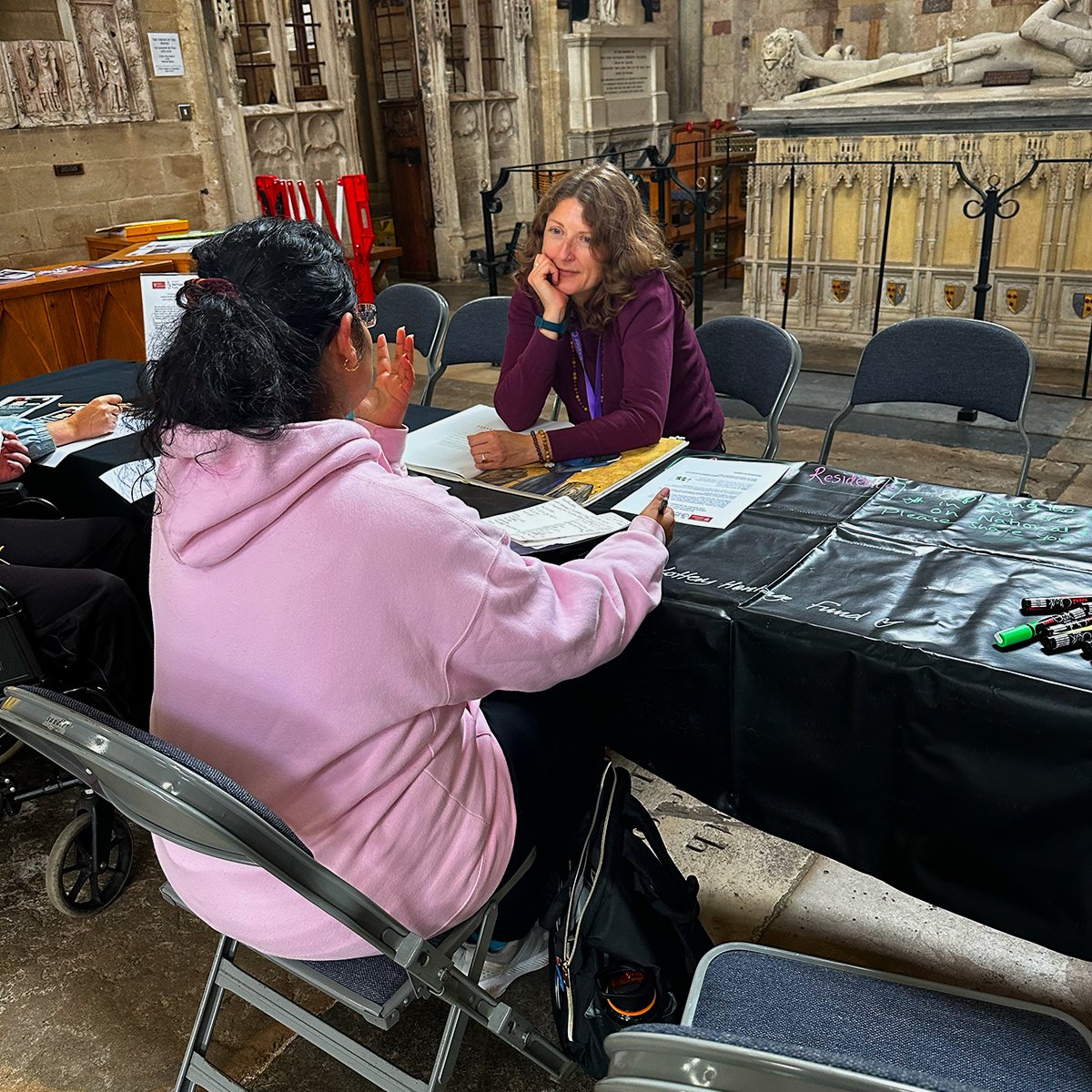 ExeterCathedral's tweet photo. To celebrate National Poetry Day, #RiddlerinResidence Aly Stoneman held a drop-in workshop at #ExeterCathedral. Visitors had the opportunity to find out more about Aly’s work &amp; create their own acrostic poem inspired by the green spaces around Exeter Cathedral. @HeritageFundUK https://t.co/cNhIHpPJut