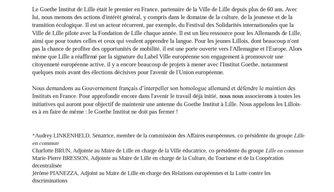 Relations franco-allemandes : le @goetheinstitut de #Lille ne doit pas fermer ! 🇩🇪

Suite aux annonces récentes, Audrey #Linkenheld, @ch_brun, @mpbresson, Jérôme Pianezza et les élus @Lille_en_commun appellent au maintien de ce partenaire privilégié. 

#CitoyennetéEuropéenne 🇪🇺