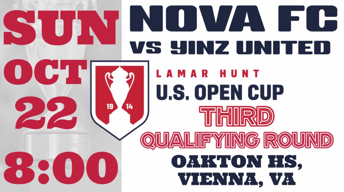 ⚽️🔥US Open Cup Third Qualifying Round 🔥⚽️

<a href="/NovaFc/">NoVa Fc</a> @EPSLsoccer meets <a href="/YinzUnited/">Yinz United</a> in the US Open Cup on Sunday, Oct. 22 at 8. 

NoVa FC advanced with a 4-1 win over DCFC last Sunday night, while Yinz defeated Arlington SA 3-2 on Saturday.