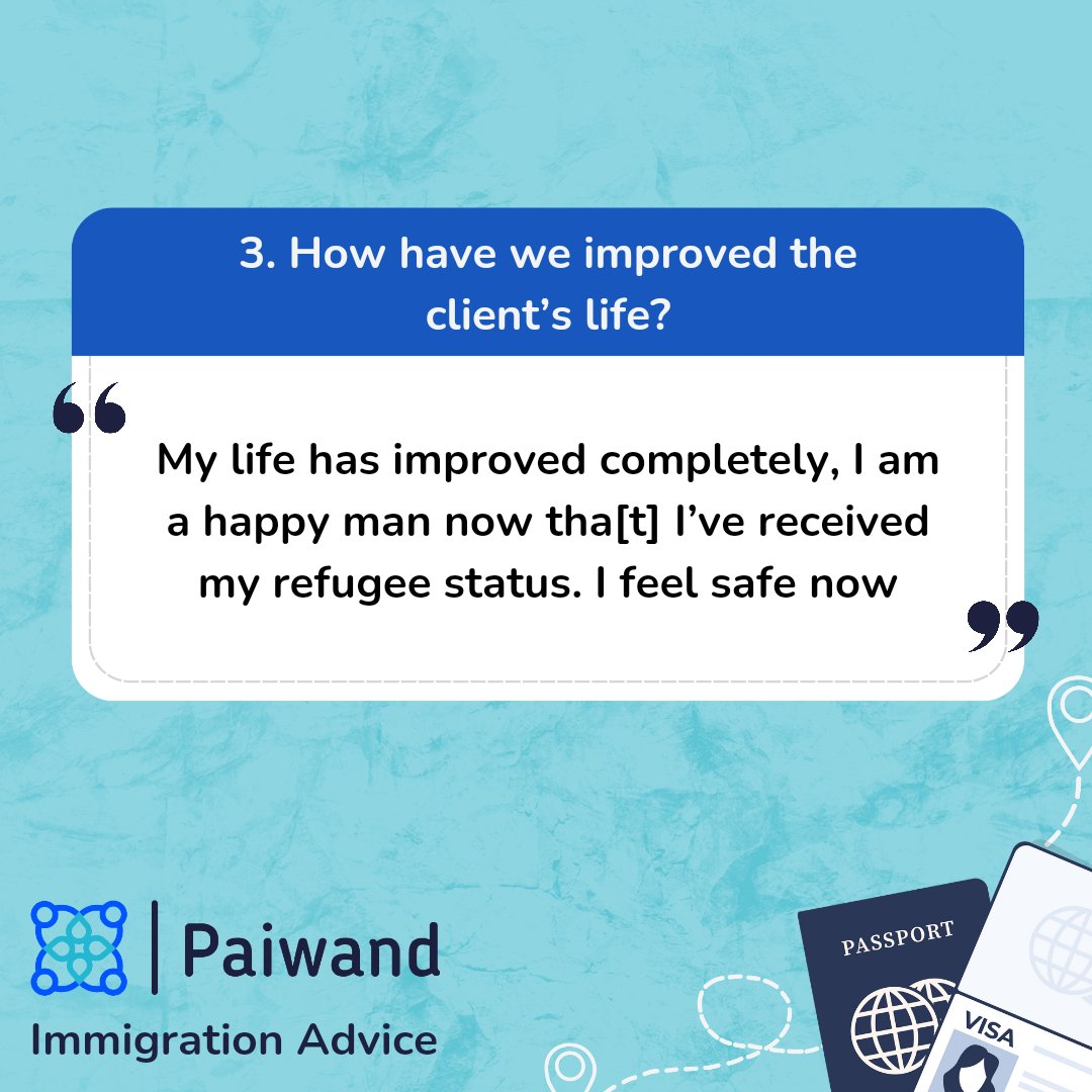 AA_Paiwand's tweet photo. We are so glad to hear that our Immigration Services team was able to help this client with their case, which included receiving refugee status. 

We strive to continue providing free services that are clear, fast and uplifting. 

#refugees #asylumseekers #immigrationadvice https://t.co/ov9oRgHfrb
