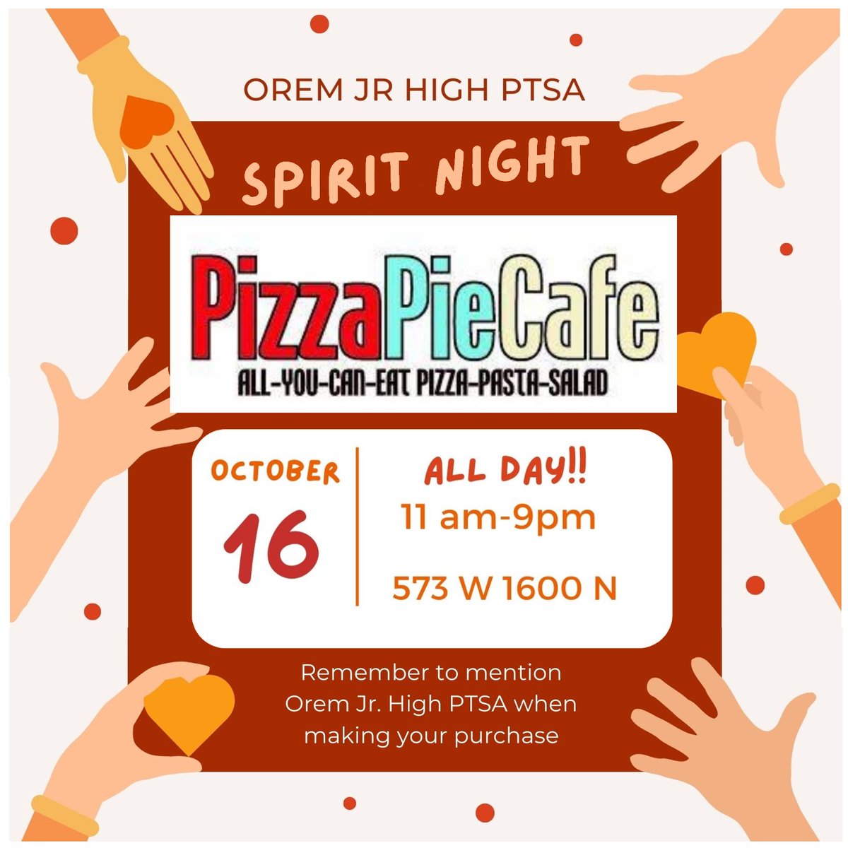 Mark your calendars! We have partnered with Pizza Pie Cafe for an Orem Jr Spirit Night. Bring friends and family to Pizza Pie Cafe and tell them you are there to support Orem Jr. A portion of the proceeds will be donated back to the PTSA to support programs at Orem Jr!