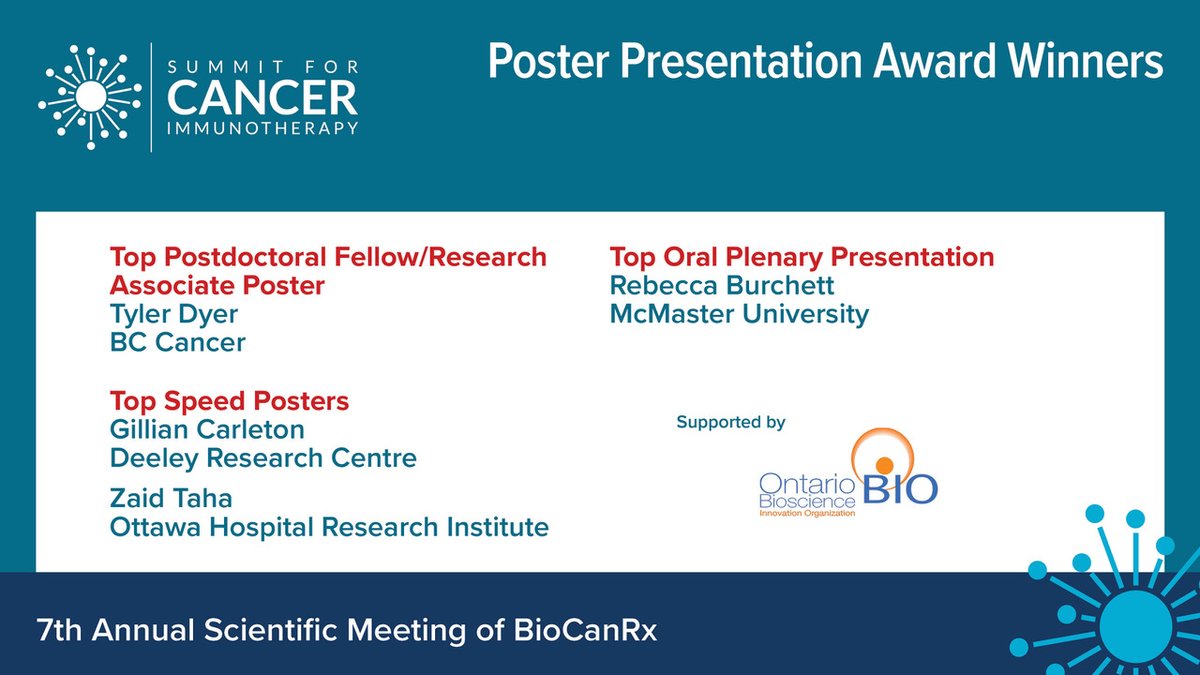 #BioCanRx is pleased to share more of the 2023 #Summit4CI HQP award winners! Congratulations to all! 👏👏 Well done! Thank you @OBIOscience for supporting the awards! #CancerResearch #immunotherapy