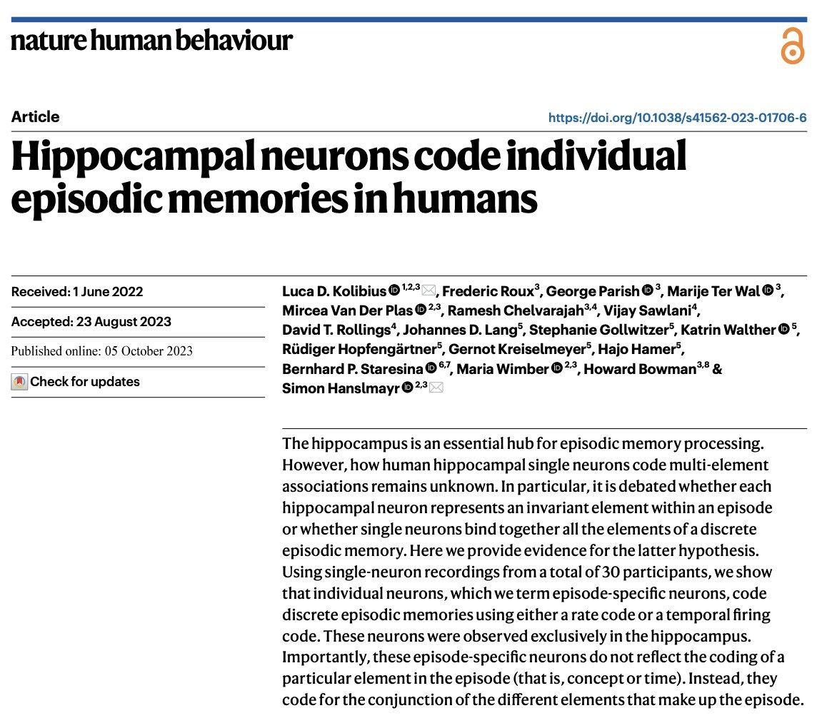 Just published! 🥁 Hippocampal neurons reinstate specific episodic memories in humans. These Episode Specific Neurons are independent of Concept Neurons or Time Cells and code the conjunction of elements that make up the event. Check it out here: nature.com/articles/s4156…