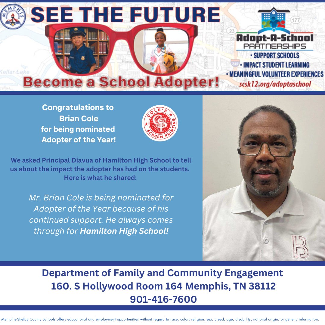 We are celebrating Adopt-A-School Partnerships Month by highlighting activities adopters are doing and the difference they make in our schools. Today’s nominee from Hamilton High School-Memphis, TN is Cole's Screen Printing.