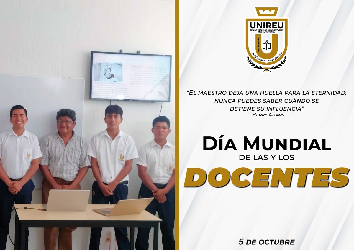 uni_reu's tweet photo. Felicitamos a los docentes mujeres 👩‍🏫 y hombres 👨‍🏫 que forman parte de la Red de Escuelas Universitarias del Sureste, que día a día contribuyen al crecimiento académico de nuestros estudiantes 📚👩‍🎓👨‍🎓
¡Feliz Día Mundial del Docente!📖
#15AñosFormandoLíderes
#DíaMundialDelDocente https://t.co/pnLiZQTxeA
