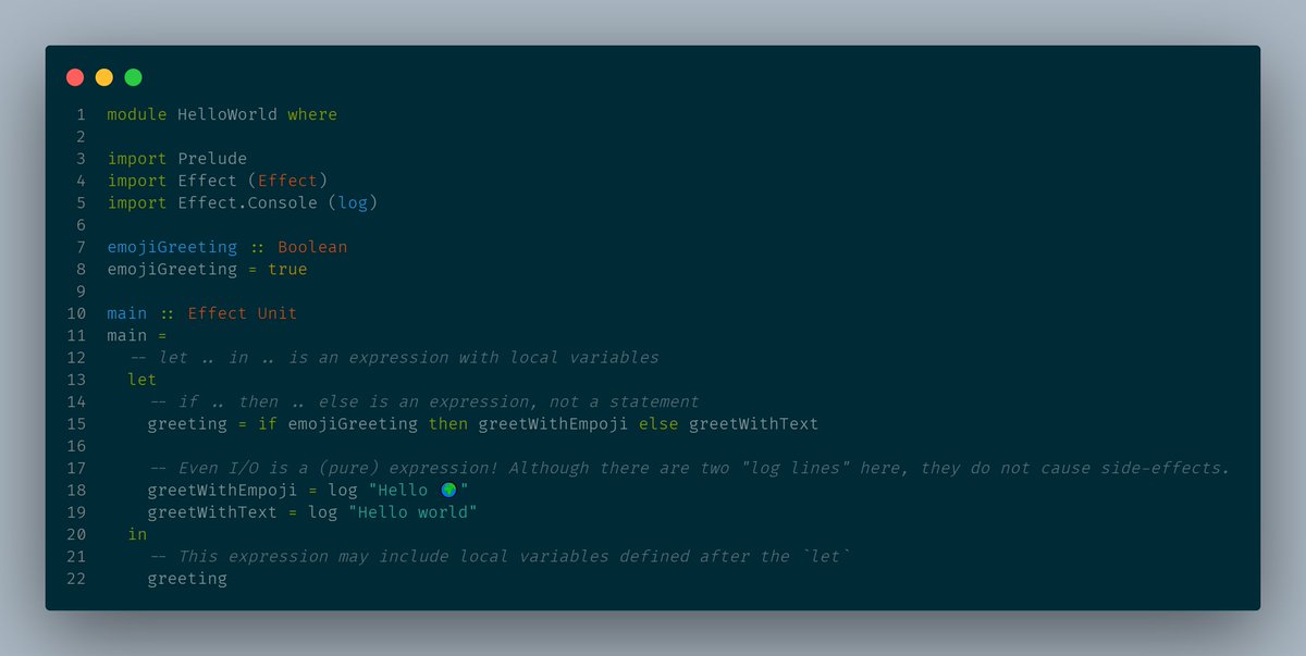 Savlambda's tweet image. In PureScript everything is an expression, there are no statements. Even I/O is treated as values, because PureScript is a purely FP language.
(Bits of #purescript)