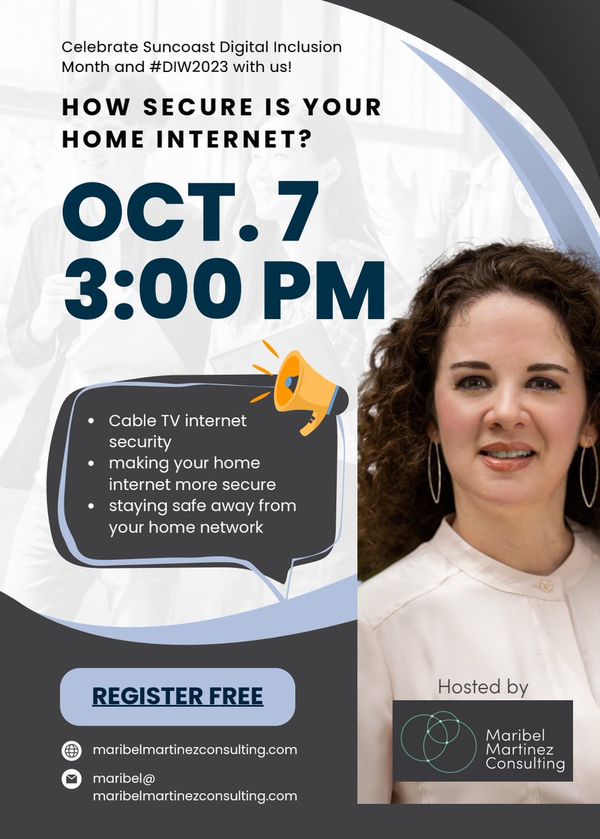 Karen Stewart (@kstewarttpf) on Twitter photo Did your cable #internetserviceprovider set you up with the best network security on your rented modem? Join <a href="/MMartConsult/">Maribel Martinez Consulting</a> Oct 7, 3:00PM EDT for this free discussion in celebration of #DIW2023 and Suncoast Digital Inclusion Month Did your cable #internetserviceprovider set you up with the best network security on your rented modem? Join <a href="/MMartConsult/">Maribel Martinez Consulting</a> Oct 7, 3:00PM EDT for this free discussion in celebration of #DIW2023 and Suncoast Digital Inclusion Month