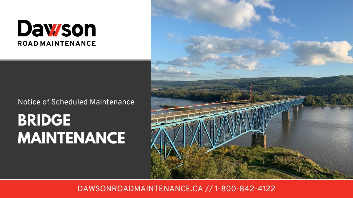 DawsonrmNP's tweet photo. Due to the rain the #PeaceRegion has received, DRM's fall deck repair program on the Taylor Bridge will continue until October 7. Single lane alternating traffic will remain in effect from 7 pm - 3 am weekdays. 
#FortStJohn #YXJ #TaylorBC #BCHwy97 #PeaceDistrict @TranBC_Peace https://t.co/ZawFwduld7
