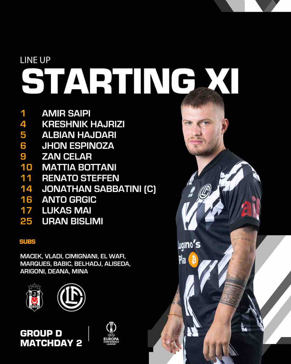 FCLugano1908's tweet photo. ⚪⚫ 𝐋𝐞𝐭’𝐬 𝐠𝐨 🔥 Ecco la nostra formazione per la partita di UEFA Europa Conference League contro il Beşiktaş ⚽️

🏆 UEFA Europa Conference League | Matchday 2️⃣

#fclugano #lugano #FCL #UECL #ConferenceLeague #BESLUG #BesiktasLugano https://t.co/6AdA3TpjU8