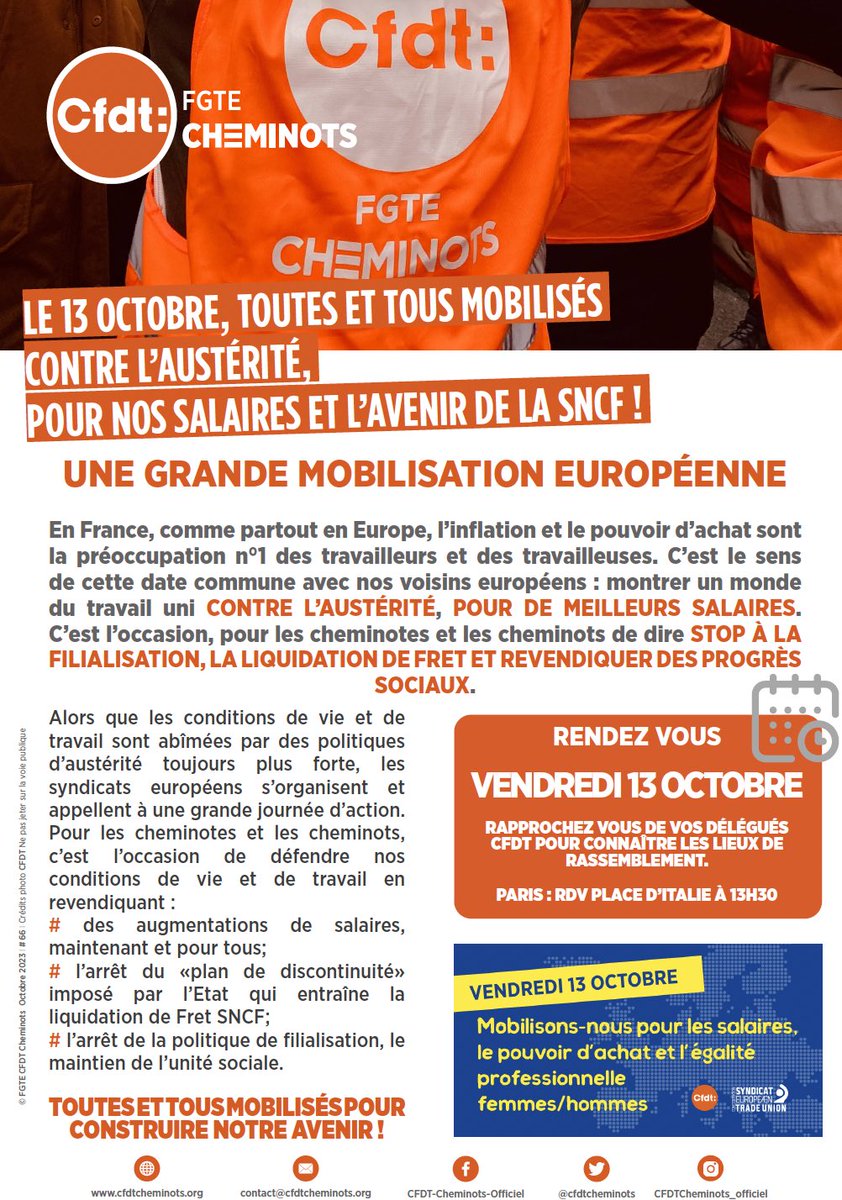 E-TRACT || Le 13 Octobre, toutes et tous mobilisés contre l’austérité, pour nos salaires et l’avenir de la SNCF ! 

#mobilisation #grève #contrelausterité #revendications #rassemblement 
🔗 tinyurl.com/2enh6shr