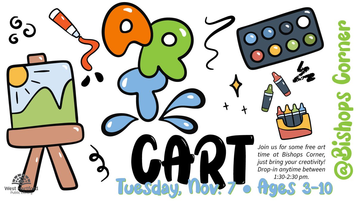 Art Cart @Bishops Corner ... Join us on Tuesday, November 7, for some free art time; just bring your creativity! Drop in anytime between 1:30 to 2:30 pm. For ages 3-10
