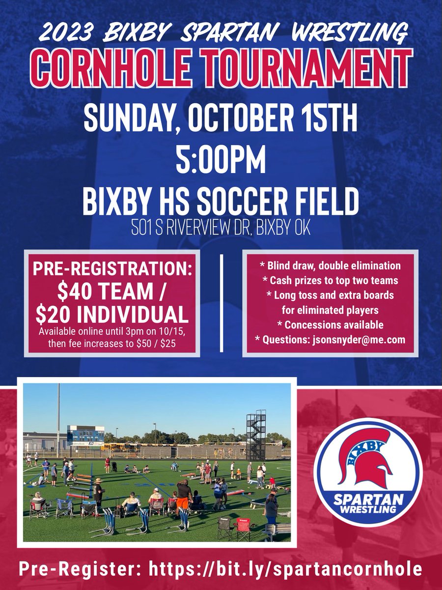 🚨 Our annual Cornhole Tournament is next Sunday, October 15!

Sign up with a teammate or solo for a fun and exciting time with the Spartan Wrestling family! Open to all ages and skill levels! 

Register: bit.ly/spartancornhole 

#BixbyBuilt 🔴🔵