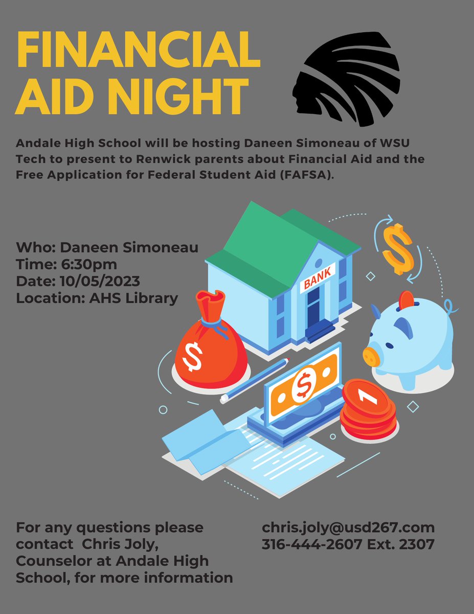 TONIGHT ONLY: Senior parents with college bound students, come listen to this valuable presentation on the FAFSA and the financial Aid system for students. 💵 💵 💵