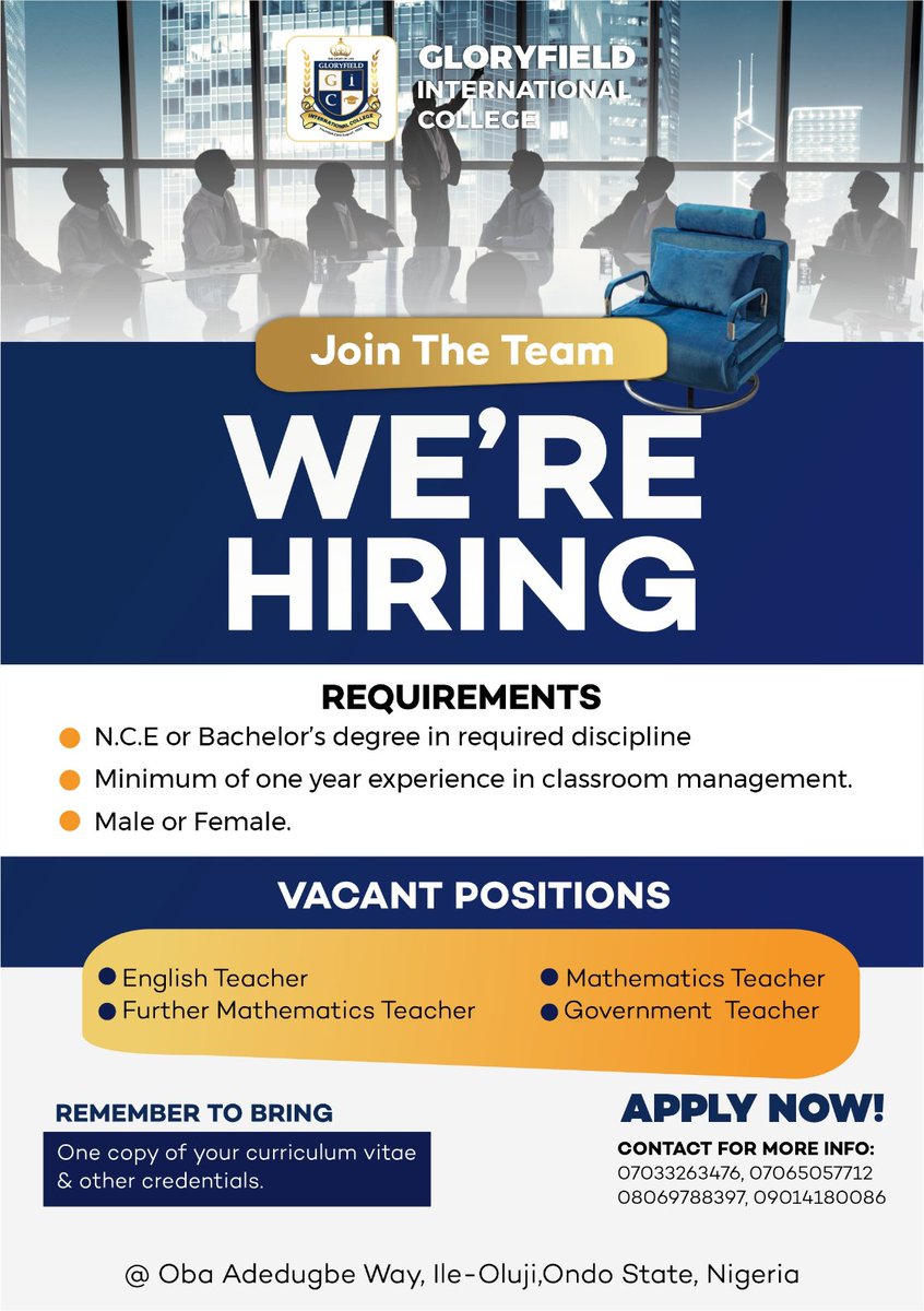 Are you a teacher by pedagogy? Are you passionate about teaching? Glorifield international college is hiring skilled, committed and experienced teachers to join her competent team members. check flier for more details. #vacancy #teachingjobs #Education #employmentnews