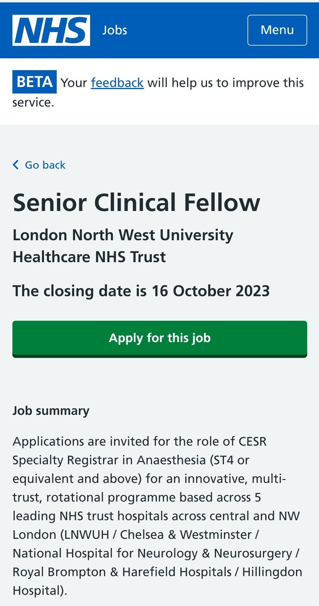 Sally El-Ghazali (@sally_ghazali) on Twitter photo 🚨 Are you anaesthetist who wants to CESR?
👀 If you're ST4+ or equivalent, applications open for rotational programme from <a href="/LNWH_NHS/">London North West University Healthcare</a> starting Feb 2024 - completion helps prep for application to <a href="/gmcuk/">GMC</a> for anaesthesia CESR
🔗 jobs.nhs.uk/candidate/joba…
⏰️ Closing date 16/10/23 🚨 Are you anaesthetist who wants to CESR?
👀 If you're ST4+ or equivalent, applications open for rotational programme from <a href="/LNWH_NHS/">London North West University Healthcare</a> starting Feb 2024 - completion helps prep for application to <a href="/gmcuk/">GMC</a> for anaesthesia CESR
🔗 jobs.nhs.uk/candidate/joba…
⏰️ Closing date 16/10/23