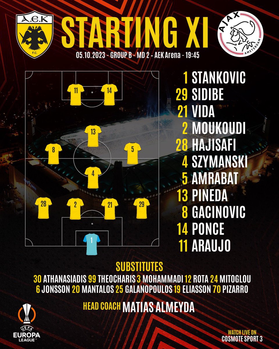 📄 Η ενδεκάδα της ομάδας μας για τον εντός έδρας αγώνα απέναντι στον <a href="/AFCAjax/">AFC Ajax</a> 
#aekajax #aekfc #aekfcseason2023_2024 #UEL