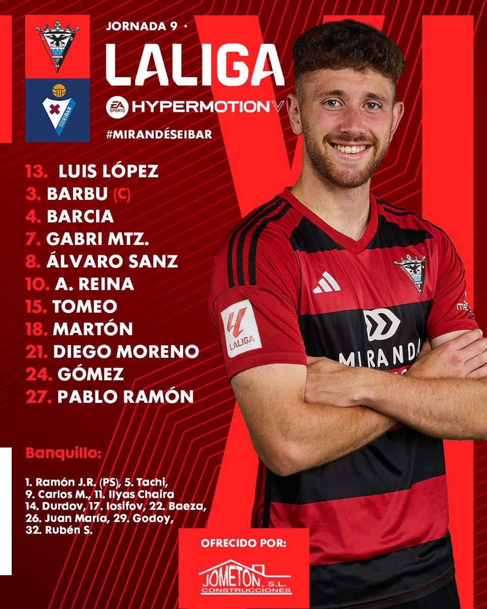 CDMirandes's tweet photo. 𝗔𝗟𝗜𝗡𝗘𝗔𝗖𝗜𝗢́𝗡 | 🆚 @SDEibar 

¡Los nuestros! 👊🏻🟥⬛️

#MirandésEibar 
#LALIGAHYPERMOTION https://t.co/4oiuslxvlC