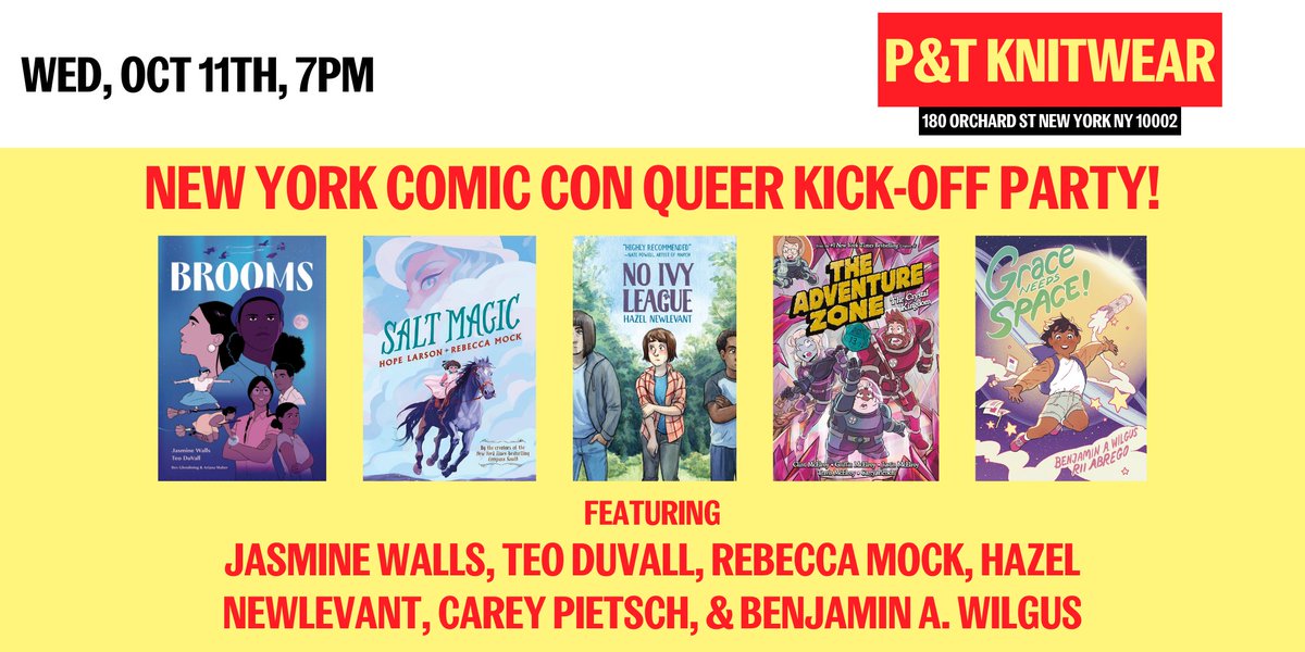 NYC folks! I'm super excited to get to be a part of this brilliant group of cartoonists talking about Queer Comics! Join us at @ptknitwear on Weds, October 11th at 7 PM for this ✨free✨ (no NYCC tickets necessary) event celebrating Brooms! RSVP below to claim your seat!