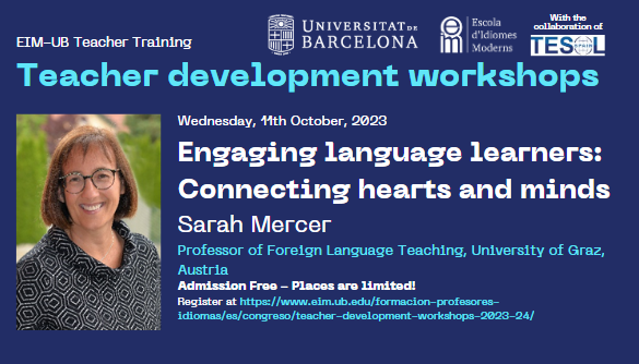 #EFL #ELT Teachers in Barcelona and surrounding area! Last chance to register for the free EIM-UB Teacher Development Workshop with Sarah Mercer - Weds. Oct. 11th, F2F only! eim.ub.edu/language-teach…