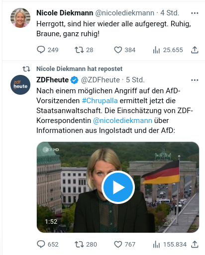 FrankenDemo's tweet image. Menschen, die Kritik an der Einschätzung von #ZDF-Korrespondentin Nicole #Diekmann zur Situation von #AfD-Mann #Chrupalla äußern, werden von ihr als "Braune" verunglimpft. 🤨