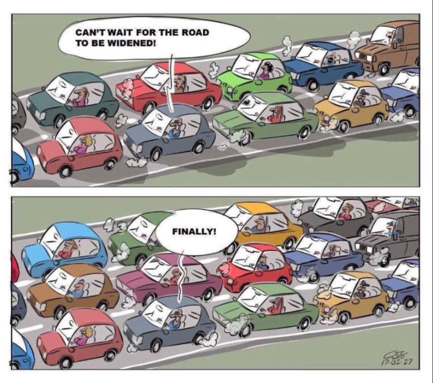 Expanding roads doesn't fix traffic. "Induced demand" shows us that drivers who avoided the road by taking alternative transportation methods (or not commuting at all) due to congestion start using it again, and traffic returns within a few years.

strongtowns.org/highways