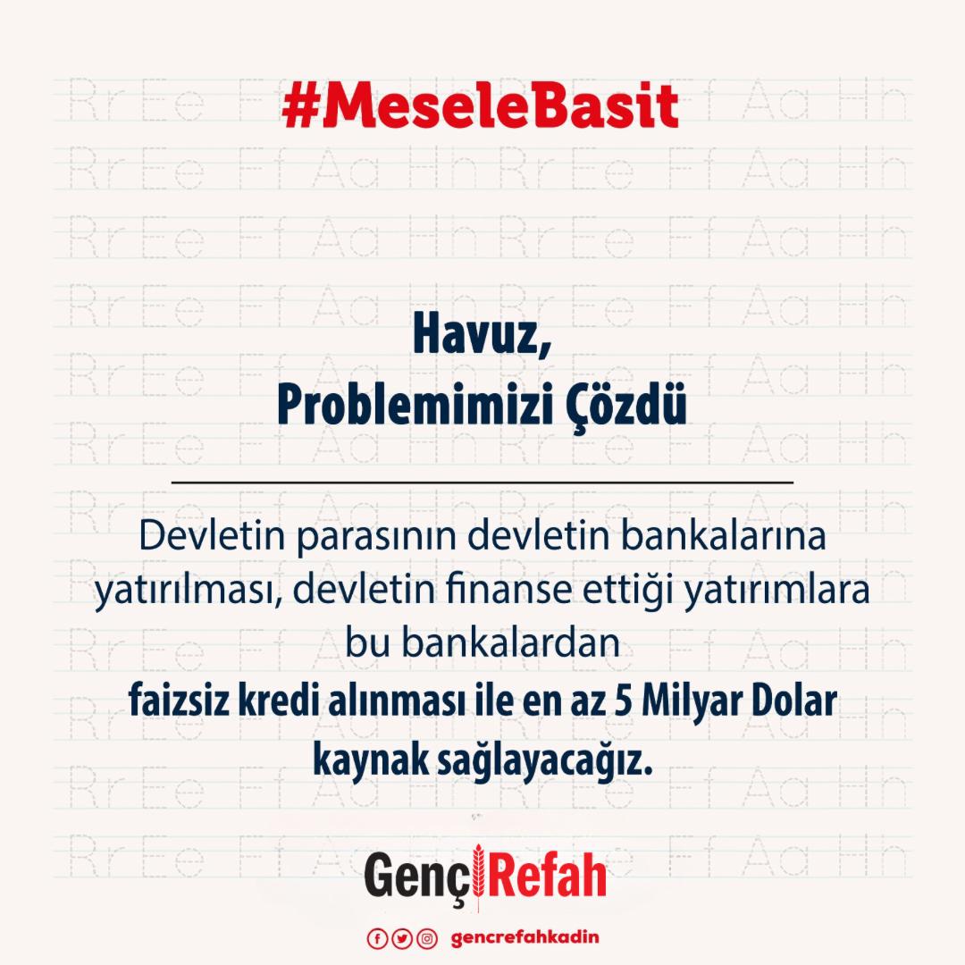 #MeseleBasit Devlet parasının devlet bankalarına yatırılması, devlet tarafından finanse edilen yatırımlar için de bu bankalardan faizsiz kredi alınmasıyla en az 5 Milyar Dolar kaynak sağlayacağız.

FatihErbakan