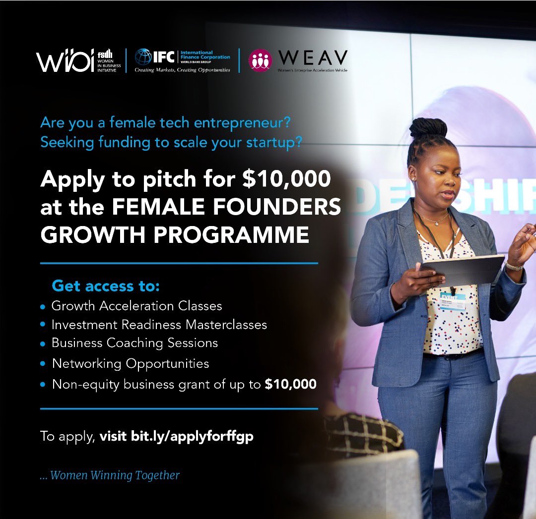 technextdotng's tweet photo. Are you a female tech founder, or do you know one?

Then you can apply for a $10,000 grant at the Female Founders Growth programme by FSDH Merchant Bank in partnership IFC and WEAV Capital.

The application is open until Sunday, October 8, 2023.

Apply now:https://t.co/gZgs4KWbql https://t.co/05IexuWDik