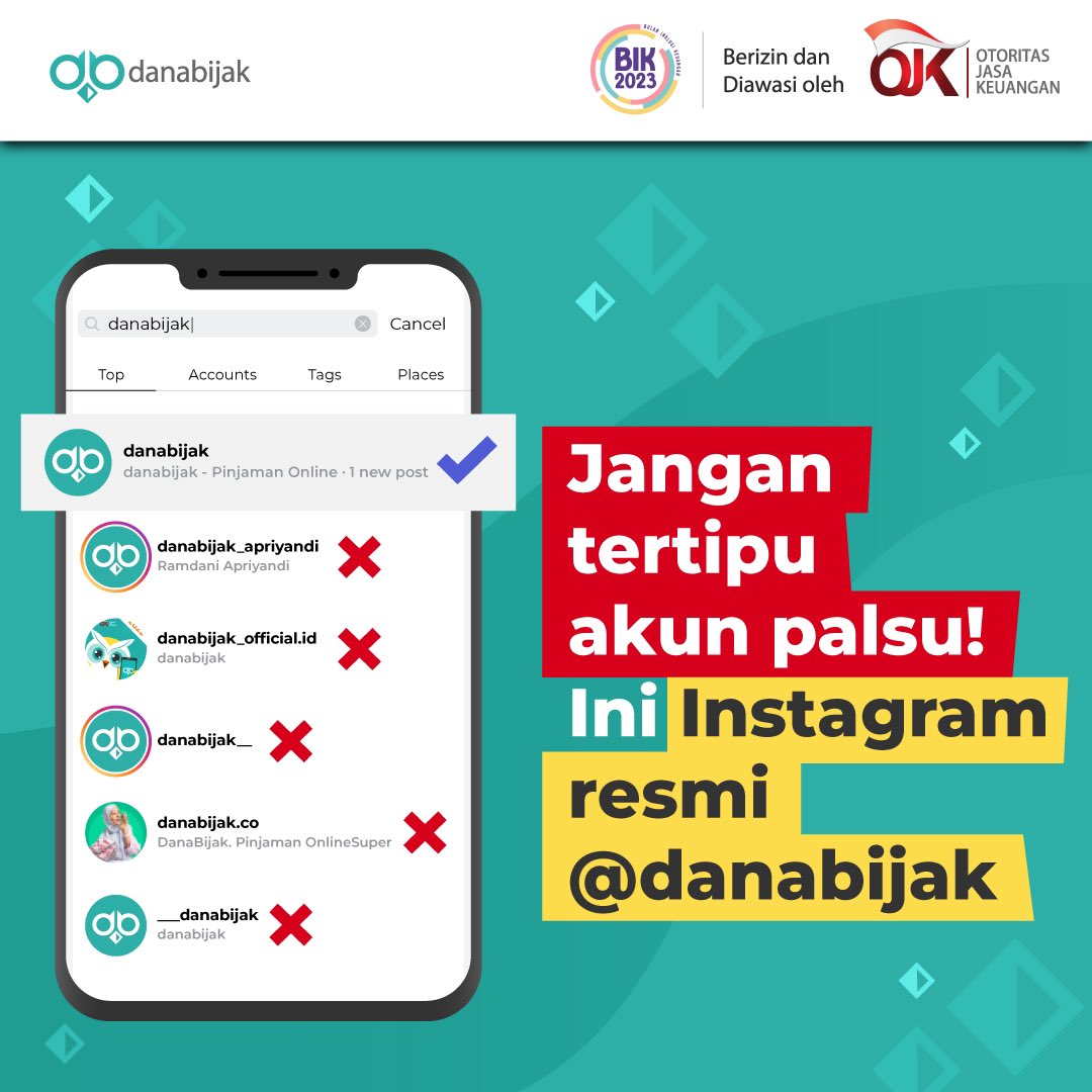Danabijak's tweet photo. Jangan sampai salah follow, ya!
Perhatikan username-nya baik-baik.
[https://t.co/fCC6Beg43l](https://t.co/fCC6Beg43l "smartCard-inline")

#danabijak #rekanbijak #keuangan #fintechlegal #fintechaman #OJK #pinjamanaman https://t.co/w3q3Bqlwfd