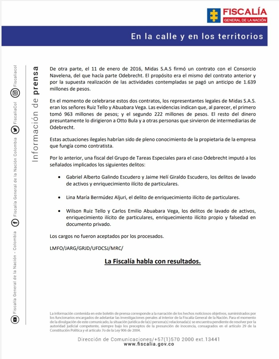 FiscaliaCol's tweet photo. #ATENCIÓN | La Fiscalía General de la Nación presentó ante un juez de control de garantías a cinco personas que estarían involucradas en el entramado de corrupción que desplegó la constructora Odebrecht, para pagar dádivas a intermediarios y funcionarios que intercedieron para que la multinacional brasileña fuera favorecida con varios otrosíes al contrato ‘Ruta del Sol II’.
