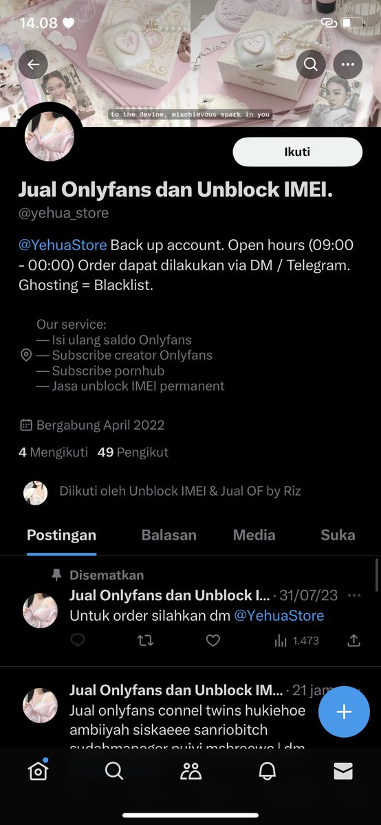 pasanganyeol's tweet photo. ‼️Penipu, udah bnyk bgt korbannya
Jasa unblock imei yg ga berkah @YehuaStore gonta ganti nama, akunnya banyak @OnlyFans_IND @yehua_store ini jg nih, mohon hati2
Udh 3 hari ga ada kejelasan, di dm jg ga bls lagi. Skrng blm blok akun ku sih, tpi kyknya dikit lagi 🫢 https://t.co/i5HvZEiOb2