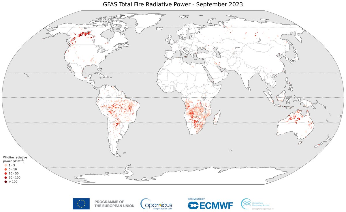 m_parrington's tweet image. Global #wildfires #openburning intensity &amp;amp; emissions for September 2023 in #CopernicusAtmosphere Monitoring Service GFAS data confluence.ecmwf.int/display/CKB/CA…. Continuing Canada fires, plus Australia &amp;amp; seasonal tropical, fires leading to highest Jan-Sept global total since 2015