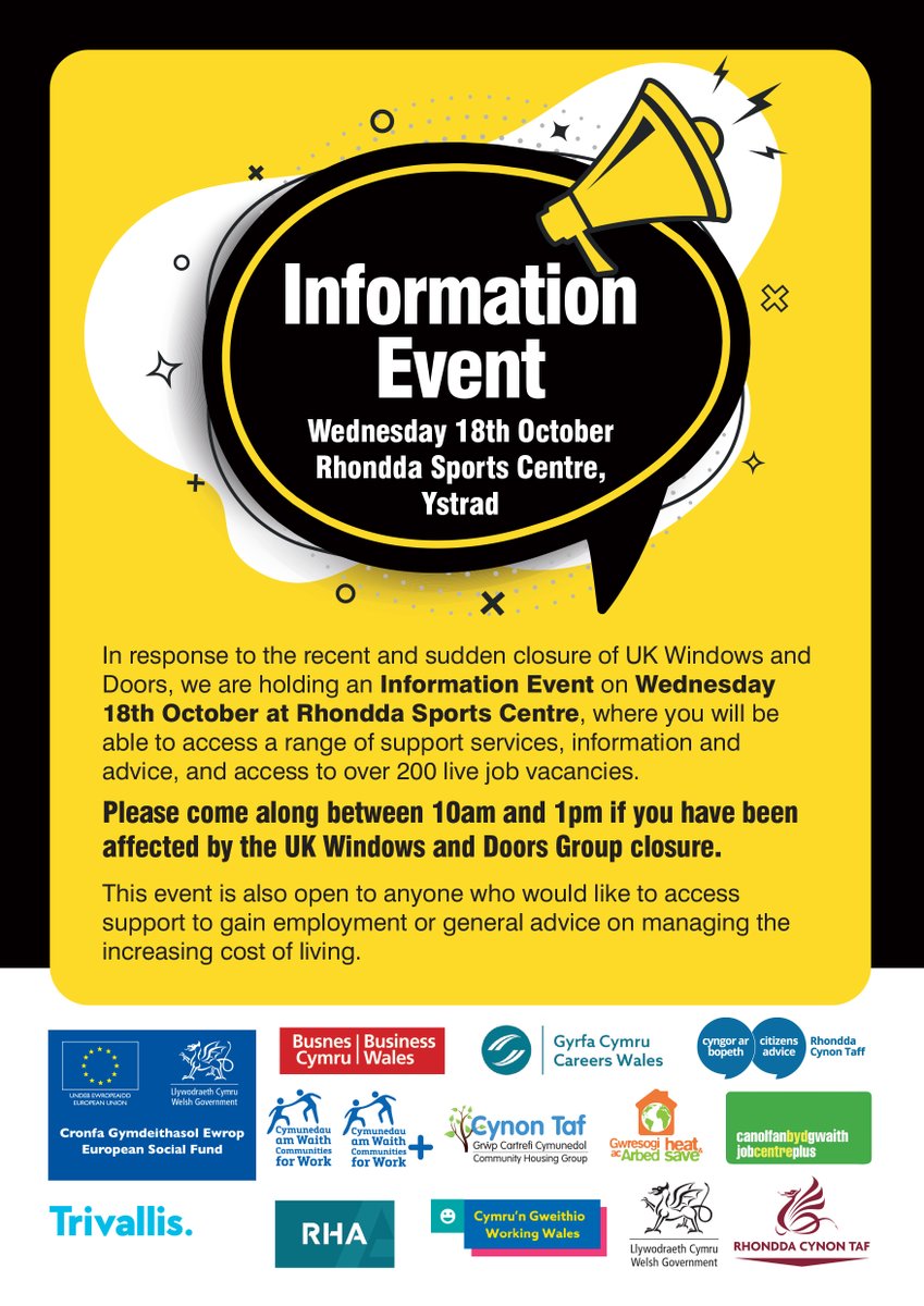 We’re holding an information event at Ystrad Sports Centre for people impacted by closure of UK Windows &amp; Doors, incl. employers with vacancies and employment support/training advice

Employers that would like to advertise vacancies at event contact: workandskills@rctcbc.gov.uk