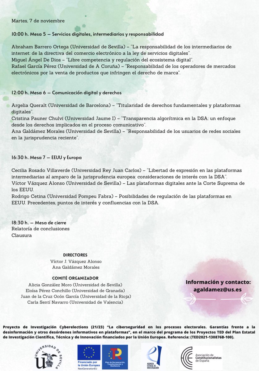 Abierto plazo de inscripción y envío de comunicaciones para el Congreso "Plataformas digitales y control del discurso en el marco de la Digital Service Act". En Sevilla, los días 6 y 7 de noviembre. <a href="/VVzquez/">Víctor J. Vázquez</a> <a href="/AnaVahea/">Ana Valero 🇵🇸</a> <a href="/germanteruel/">Germán Teruel</a>