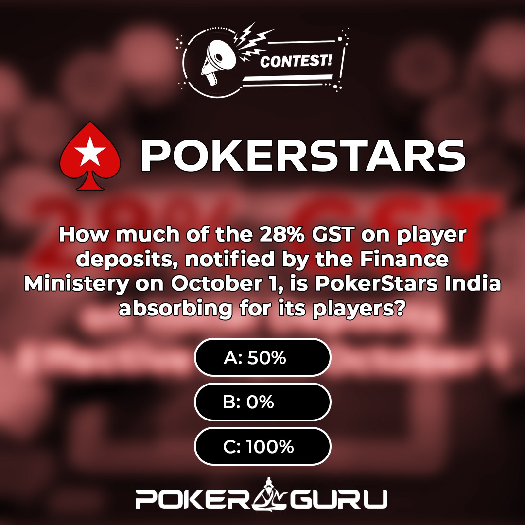 PkrGuru's tweet photo. #ContestAlert #Giveaway 😀

Want to boost your poker bankroll? 🤔 Here's your chance! Join this contest for a chance to secure one of the TEN exclusive tickets 🎟️ valued at ₹1,000 for @PokerStarsIN's Sunday Special Mega Satellite. 🔥

You know the rules:
1. Sign up on PokerStars India here 👉🏻 https://t.co/ilqZmwkLwQ
2. Like/Follow 📲 #PokerGuru & @PokerStarsIN 
3. Comment with the correct answer, your PokerStars India account ID, and tag three poker friends. 👥👥👥
4. Subscribe to our WhatsApp Channel: https://t.co/f13VdE1yro

The contest is open across all our social media handles on #Facebook, #Instagram, and #Twitter. Entries across all platforms will be considered while awarding the prizes.

Winners will be announced in the comment section of this post on October 7 by 6 PM. 🕕

Good luck, everyone! 🤞🏻
