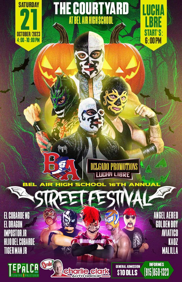BAHS_Engineers's tweet image. Join us October 21, 4-10pm! Our 16th Annual Street Festival. #thenewbelairhigh #october21st #luchalibre @BelAirHigh @YsletaISD