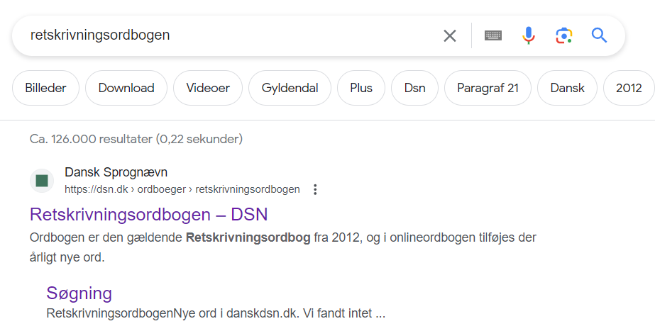 jensgc's tweet image. Hvis man googler &quot;retskrivningsordbogen&quot; og klikker på et af de link der præsenteres øverst for at søge i RO, bliver man skuffet. Ingen søgemulighed fra dsn.dk/ordboeger/rets… eller dsn.dk/soegning/ 
#dksprog 
(dsn.dk og roplus.dk fungerer)