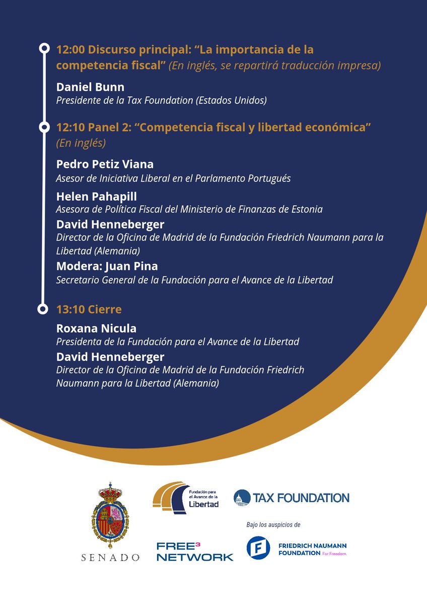 AdvanceLib's tweet photo. Puedes consultar aquí el programa de la Jornada: #Economía y #Competitividad Fiscal que tendrá lugar el próximo martes 10 en el #Senado de España.

Organizan: @AdvanceLib y @fnfmad

➡️ Inscripción obligatoria: https://t.co/TeKC1Drlwm https://t.co/H7uRgWlBkE
