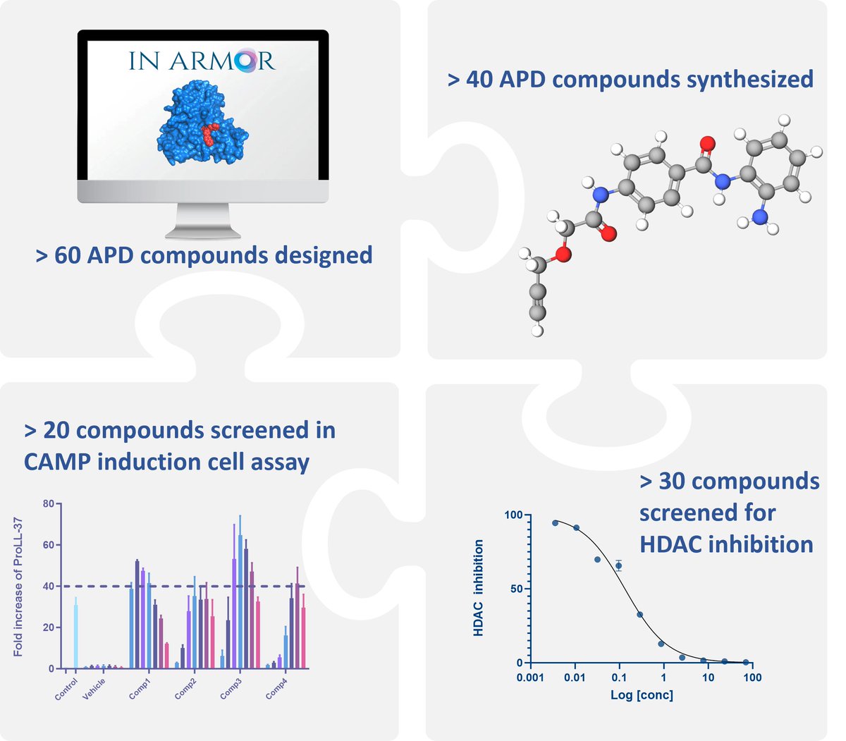 The work on IN-ARMOR, the HORIZON EUROPE project combating antimicrobial resistance has started! We are pleased to announce that design and synthesis of arylated phenylenediamines (APD) library is in full swing, while HDAC inhibition and cell assays are up and running.