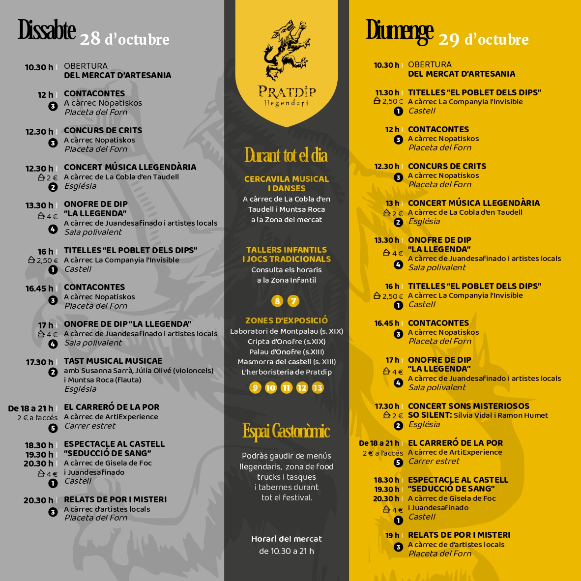 PratdipTurisme's tweet photo. 🐺 El Pratdip Llegendari, s’acosta!🐺
Compartim el programa on podeu consultar espectacles, horaris, localitzacions, on aparcar, on  menjar, com arribar…🦇
Més informació a la web:https://t.co/na8FZpU16Q
🧛‍♂️ Si veniu disfressats serà més divertit!
Us hi esperem!😸😸 https://t.co/vOdXjTDEsx