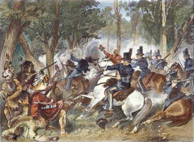 MilHistNow's tweet photo. On this day in 1813, the Shawnee war chief Tecumseh is killed by U.S. troops at the Battle of Moraviantown near Chatham, Upper Canada. With him dies the dream of an independent Indigenous nationstate. https://t.co/ethaSlnU9w