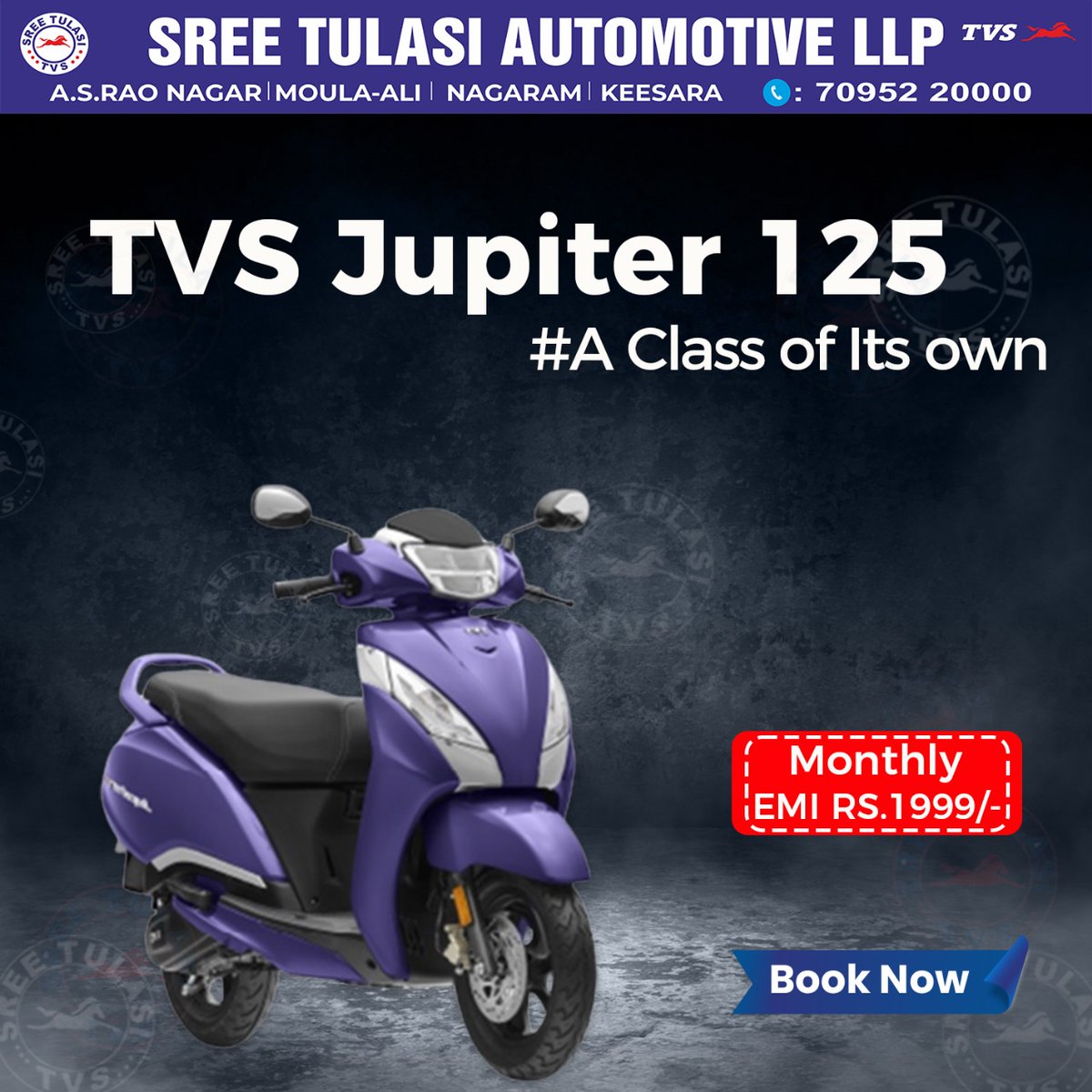 Experience excellence on two wheels with the TVS Jupiter 125! 🏍️✨ It's truly #AClassOfItsOwn. Secure your dream ride today with a monthly EMI of just Rs. 1999/-. 🛵 Don't miss out, book now at Sree Tulasi TVS and embark on unforgettable journeys. 🌟
Contact Us: +9170952 20000