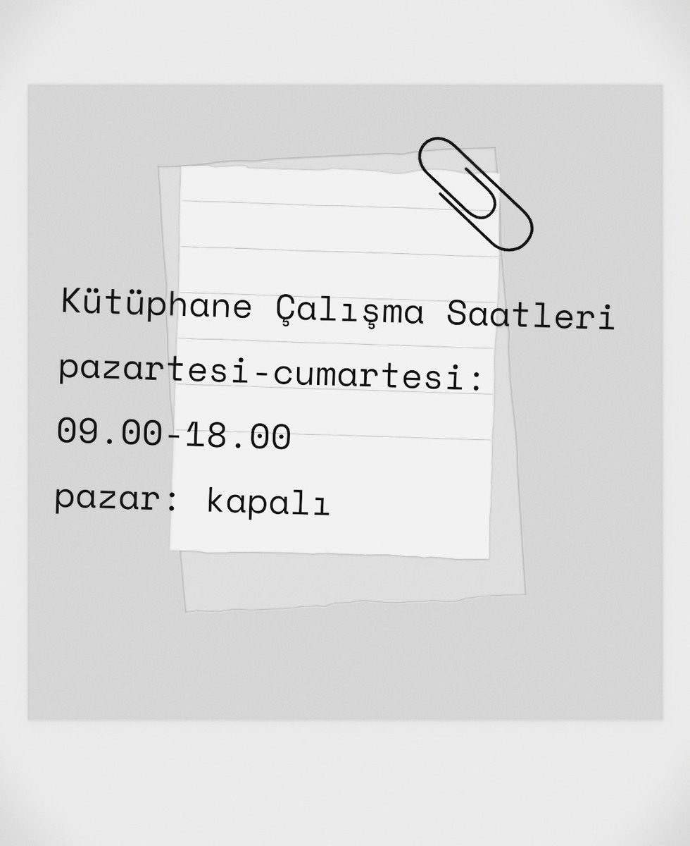 Kütüphane çalışma saatlerimiz değişmiştir. Güncel çalışma saatlerimiz; 
pazartesi - cumartesi: 09.00-18.00
Pazar: kapalı