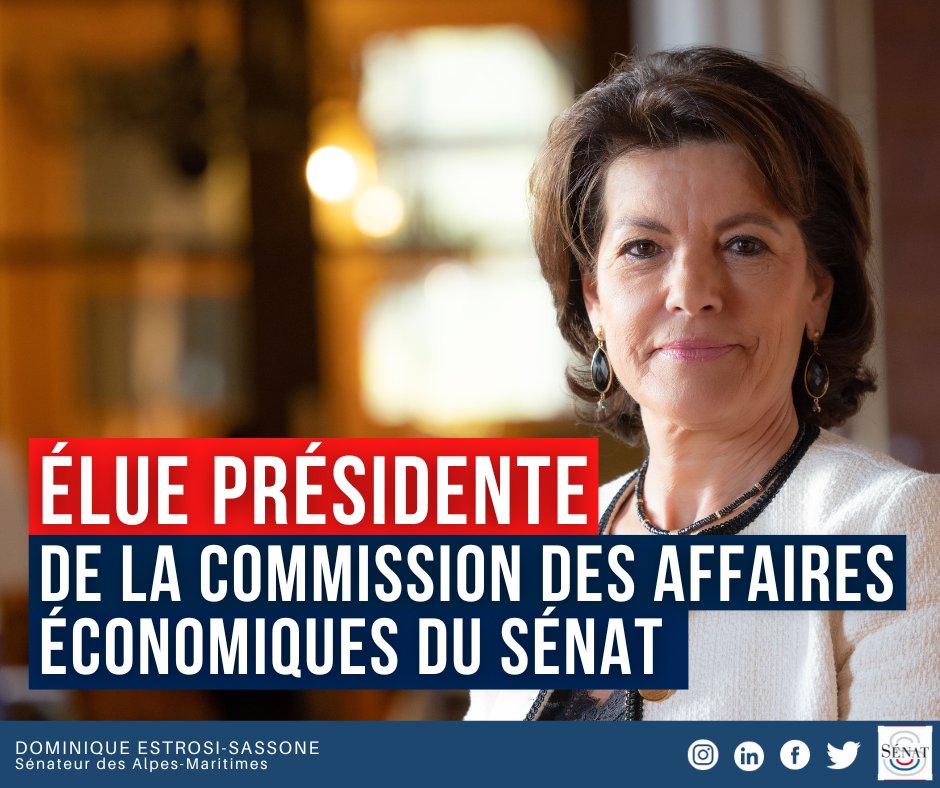 Immense honneur que d'être élue Présidente de la Commission des affaires économiques, seule femme à la tête d'une des sept commissions permanentes du <a href="/Senat/">Sénat</a>.
 
Merci à mes collègues de la majorité sénatoriale pour leur confiance et toute ma reconnaissance aux Présidents