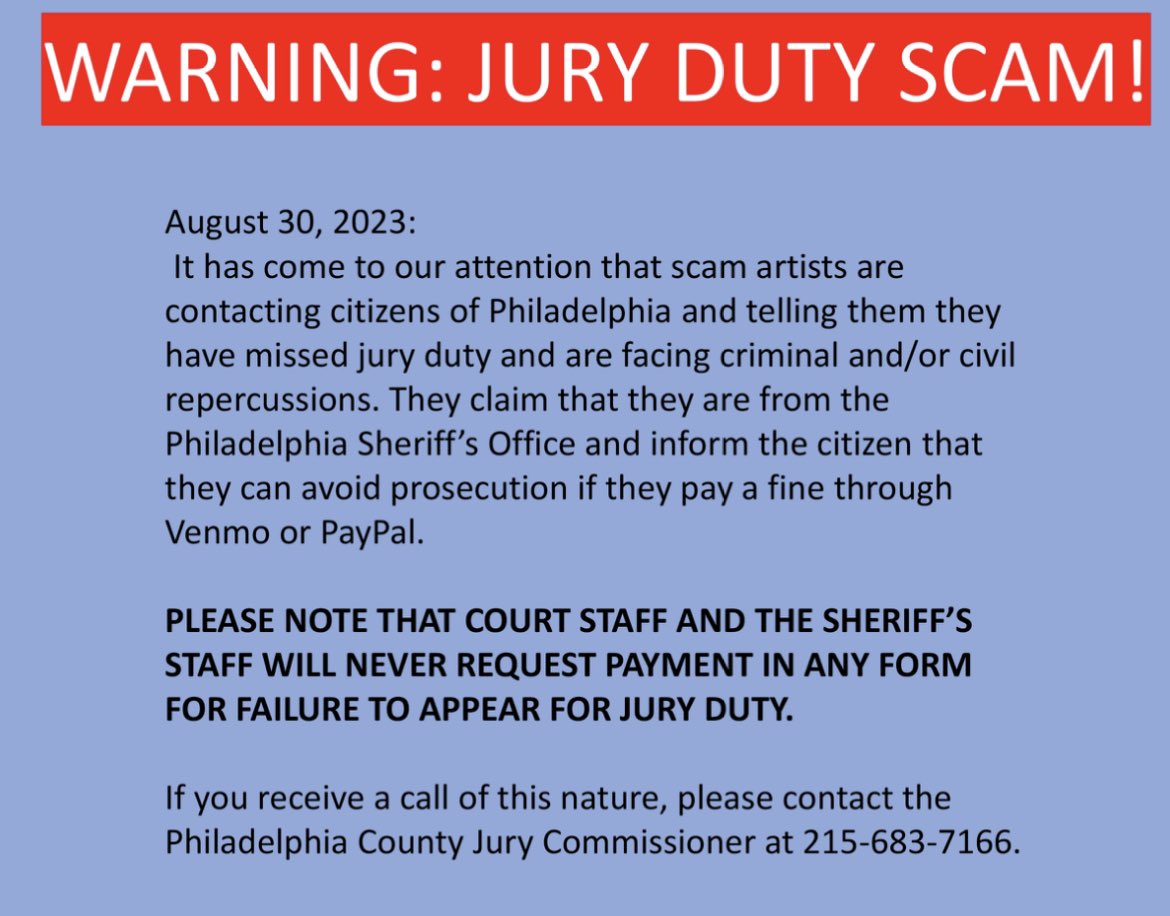 There’s a jury duty SCAM happening in Philly. I’ve been trying for weeks to get someone to speak on it, but <a href="/PhilaCourts/">PhilaCourts</a> said no &amp; <a href="/PhilaSheriff/">The Philadelphia Sheriff Office.</a> hasn’t provided anyone. (Both want people to know but don’t want to talk about it 👀?)  Just an FYI: this is a scam.  <a href="/KYWNewsradio/">KYW Newsradio - NOW ON 103.9 FM!</a>