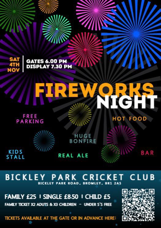 Bickley Park CC Fireworks Night 2023 Saturday 4th November. Gates open from 6pm. Display at 7.30pm. Tickets now on sale: tickets.bickleypark.co.uk/events/firewor…
