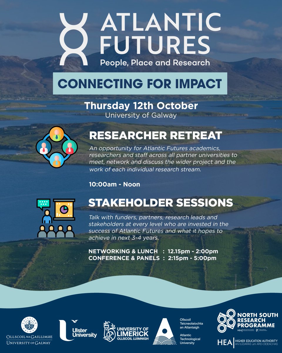 AtlanticFutures's tweet photo. Next week researchers, stakeholders, funders &amp; honoured guests of Atlantic Futures are connecting at @uniofgalway to explore how our research can create the most impact in the region. 

We can't wait to see everyone! 
@hea_irl @UL @UlsterUni @atusligo_ie https://t.co/33IiFLgtZy