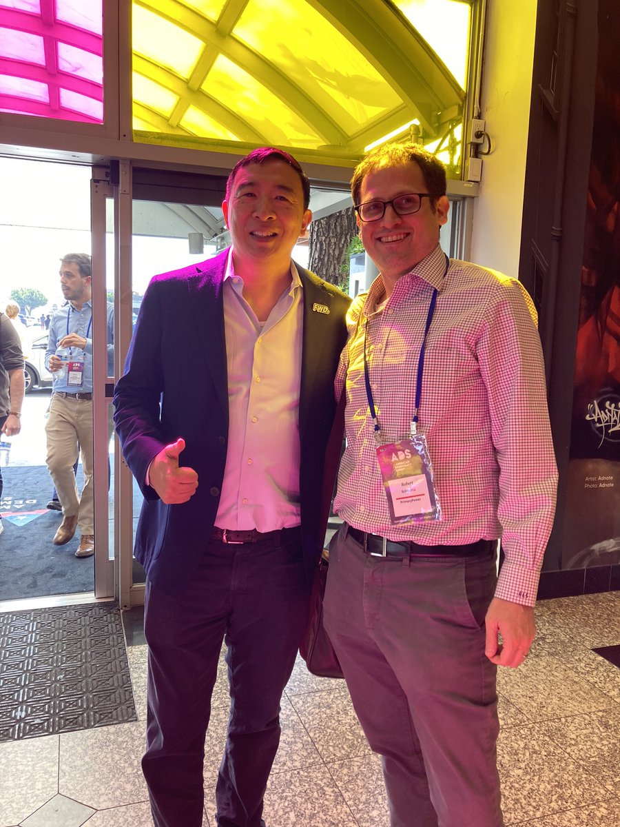 Pivot_PAC's tweet image. @AndrewYang @Fwd_Party does not yet endorse our idea but I met him last week in LA.  He used to say #MATH #MakeAmericaThinkHarder.  Check out @NHDems former State Party chair George Bruno’s hat.  Take a step BACK and our idea makes logical sense.  #NotLeftNotRightStepBACKWARDS